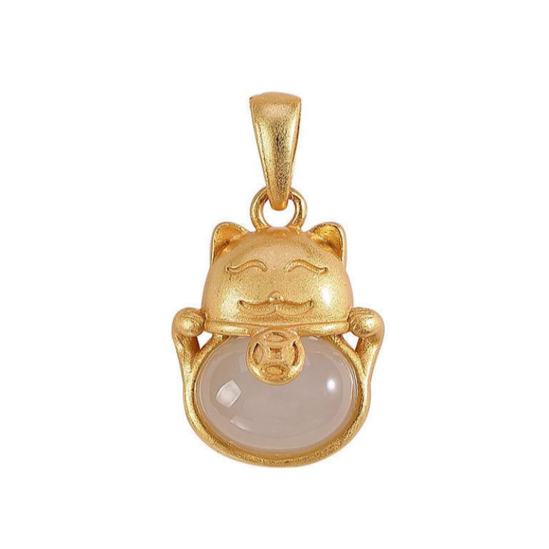 Lucky Cat Jade Pendant Hetian or Chalcedony Gift Necklace for Her-4