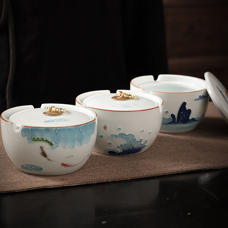 Handbemalte Haushalts Wohnzimmer Keramik-Aschenbecher mit LID-Schlupfchen