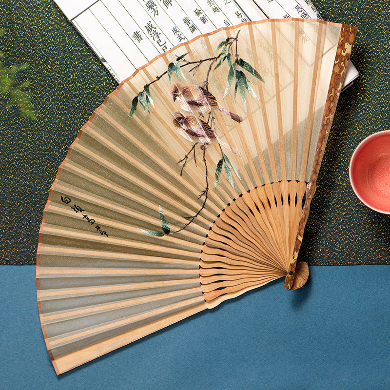 Bird and Flower Embroidered Silk Folding Fan Bamboo Frame Retro Style-2