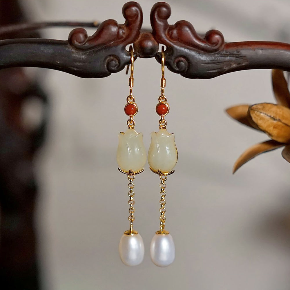 Gold Plated Hetian Jade Long Tassel Earrings Gift for Wife-1