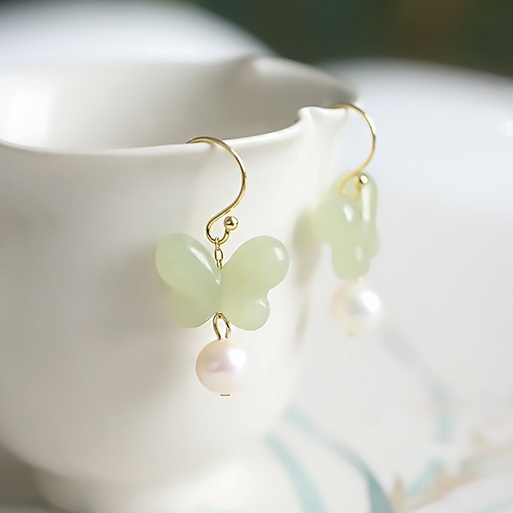 Hetian Jade Butterfly Earrings with Pearl Accents Chinese Style-3