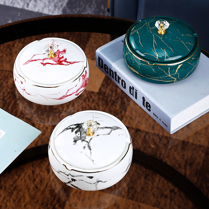 Modern ceramic ashtray with stone pattern and lid