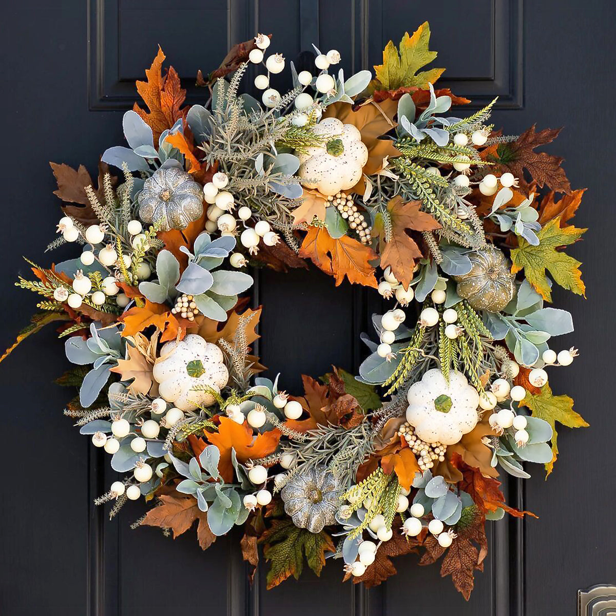 Thanksgiving White Pumpkin & Frost Leaf Wreath for Door or Wall Decor-4