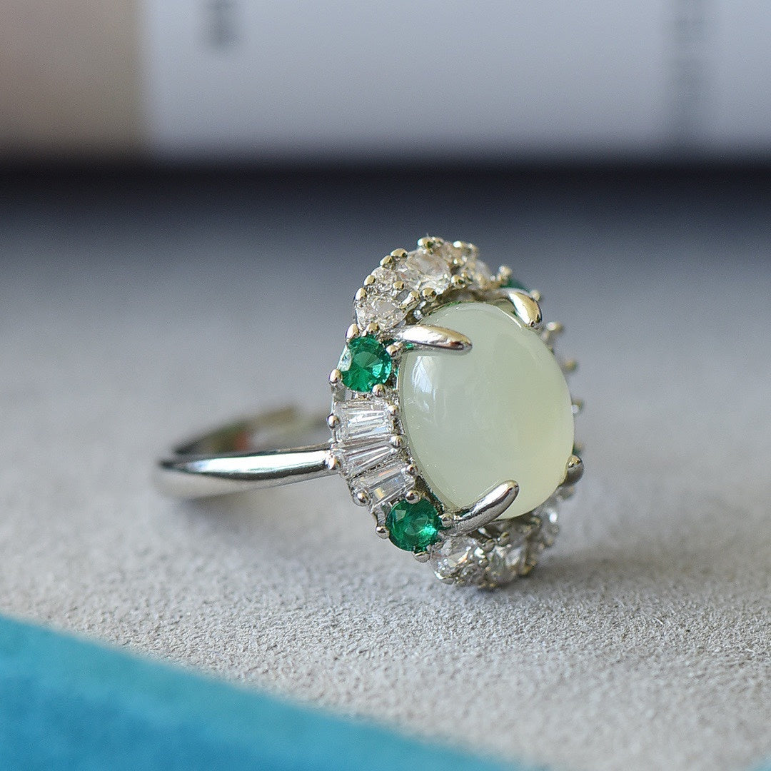 925 Silver White Jade Cabochon Ring Birthday Gift for Wife-4