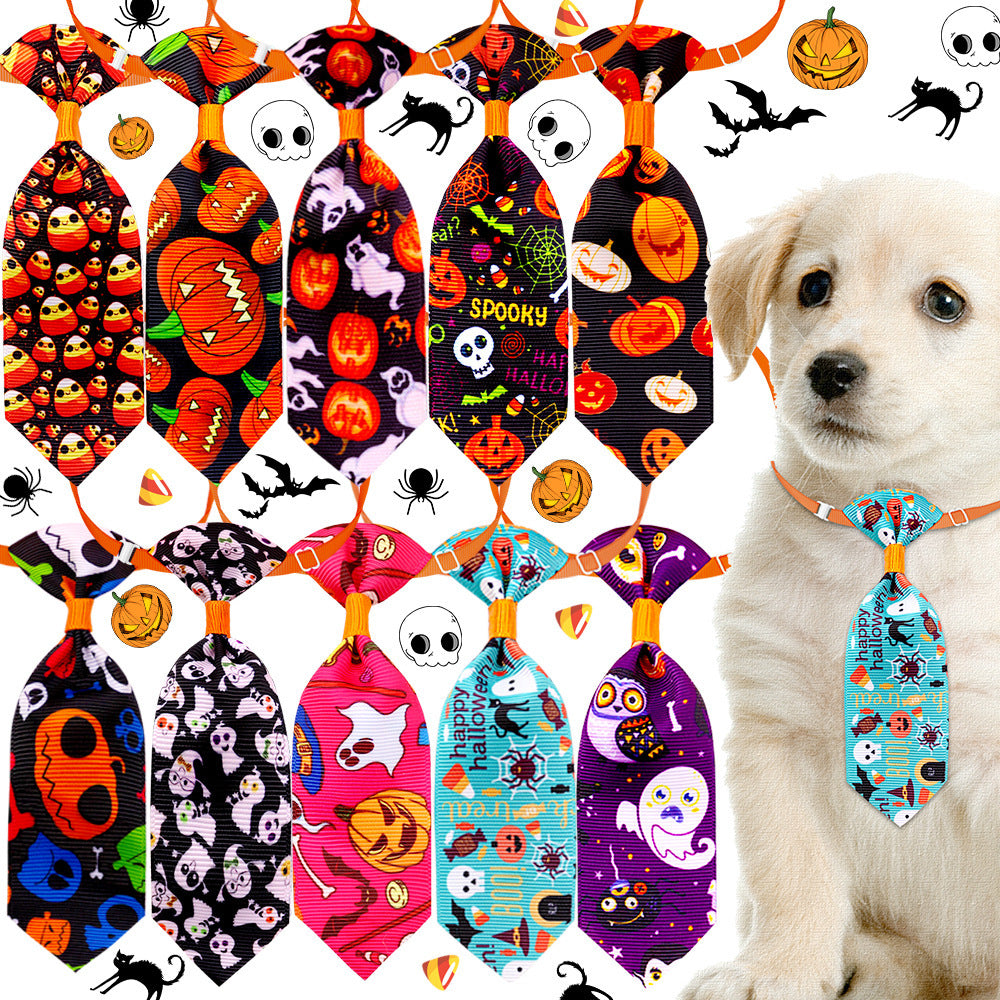 Pet Halloween Tie Set for Cats and Small Dogs with Pumpkin Skull Ghost Patterns-1