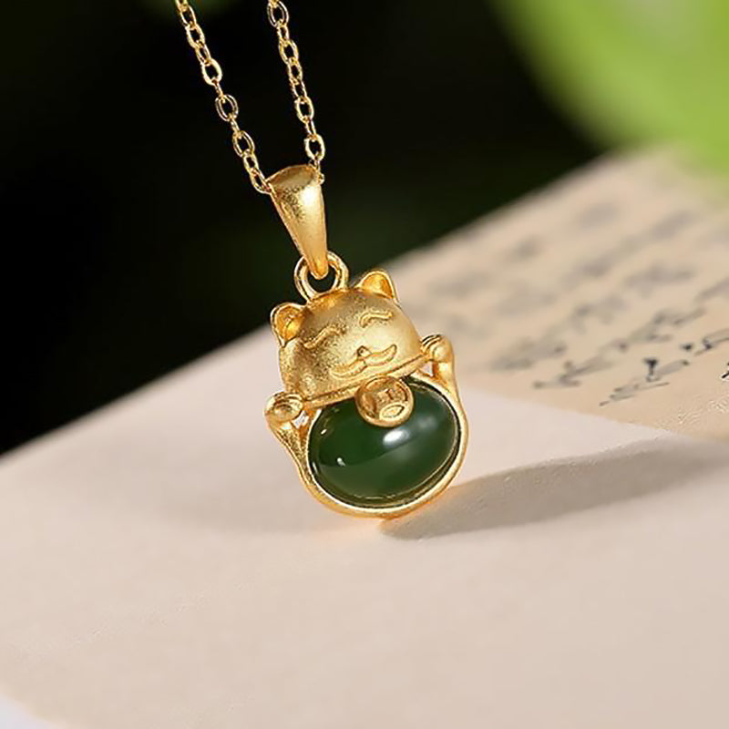 Lucky Cat Jade Pendant Hetian or Chalcedony Gift Necklace for Her-2
