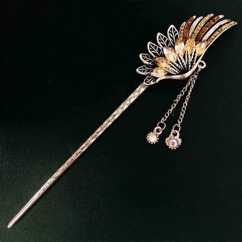 Feather Rhinestone Long Tassel Super Fairy Retro Hanfu Ancient Costume Coil Hair Headdress Bride Hairpin