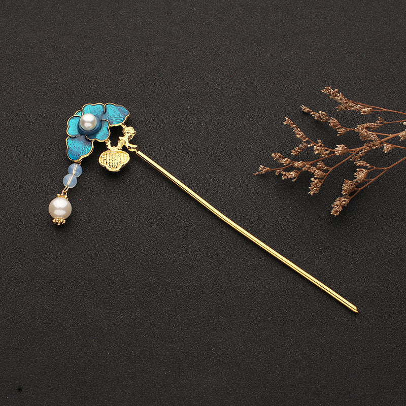 Burning blue Hanfu hairpin with flower design