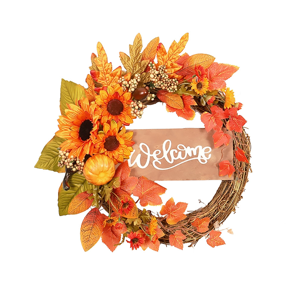 Maple Leaf Thanksgiving Vine Wreath with Sunflowers and Wooden Board-5