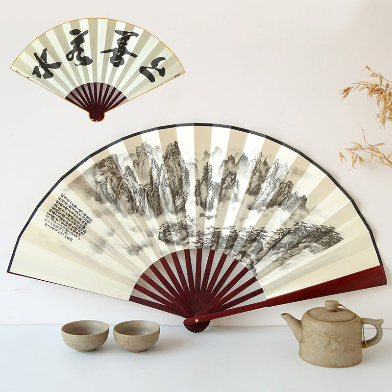 Chinese Silk Folding Fan Bamboo Frame Classical Print Gift for Him-3