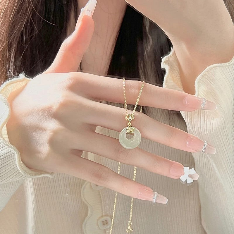 S925 Sterling Silber Fu Charakter Hetian Jade Friedensschnalle Halskette