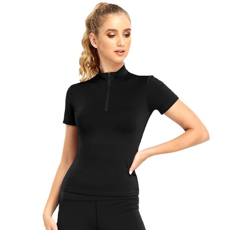 Women's Short-sleeved Yoga Clothes Half Zipped Stand Collar Top