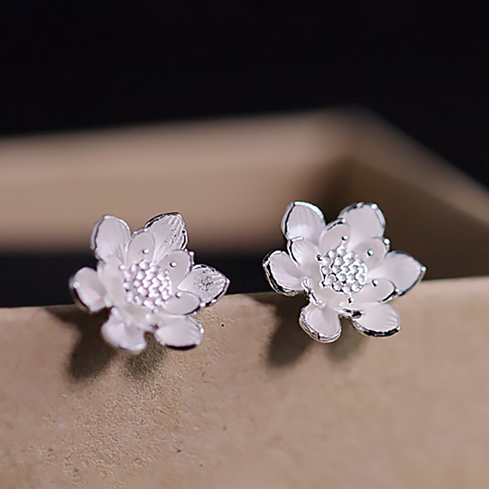 Sterling Silver Lotus Earrings Women’s Chinese Style Flower Jewelry-4