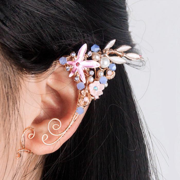 Hanfu elf earrings with floral Chinese hairpin design