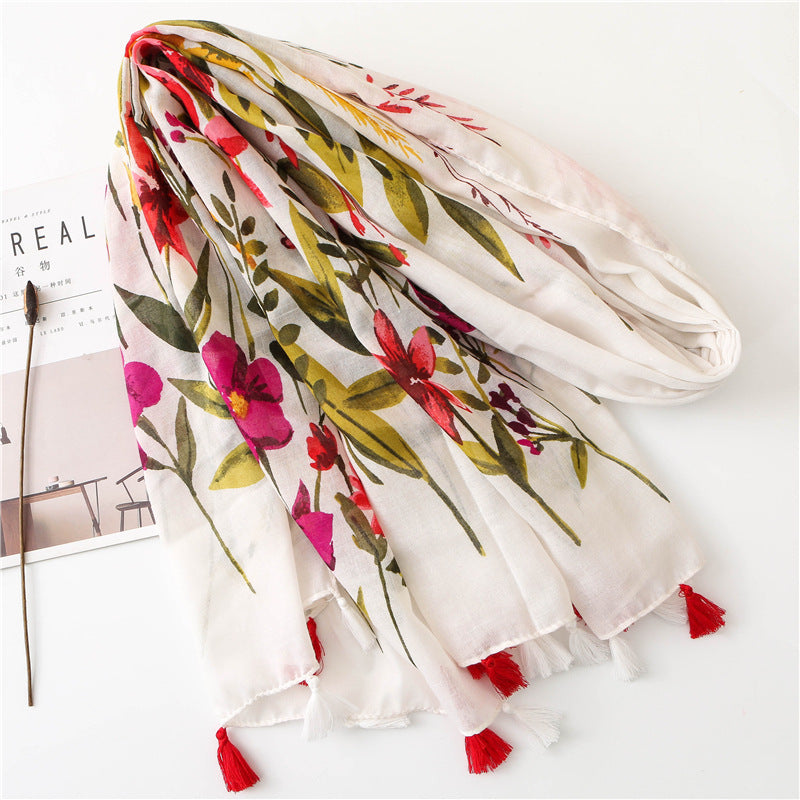 Ethnic Vintage Floral Cotton and Linen Fringe Scarf