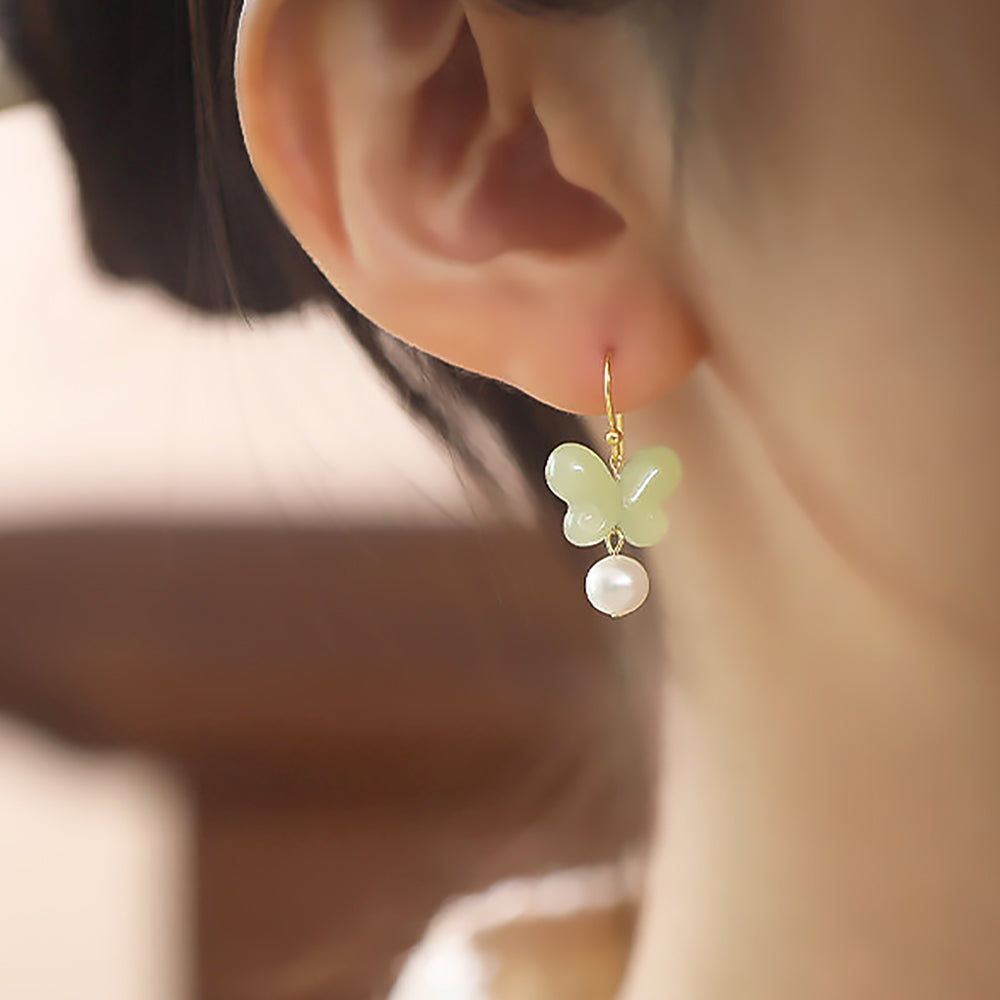 Hetian Jade Butterfly Earrings with Pearl Accents Chinese Style-1