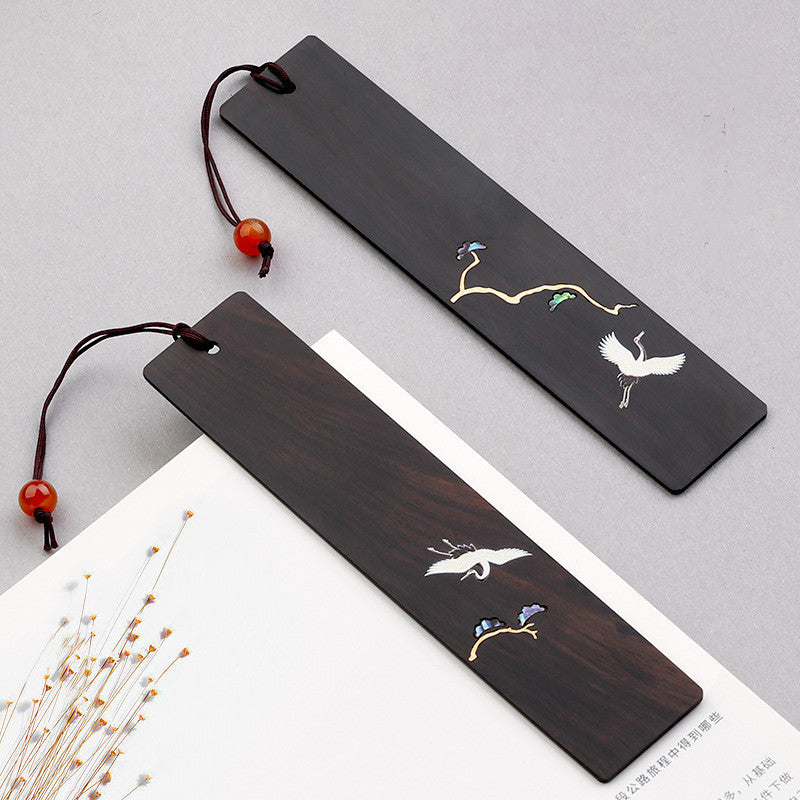 Rosewood Engraved Bookmark Chinese Pine and Crane with Spring Student Gift