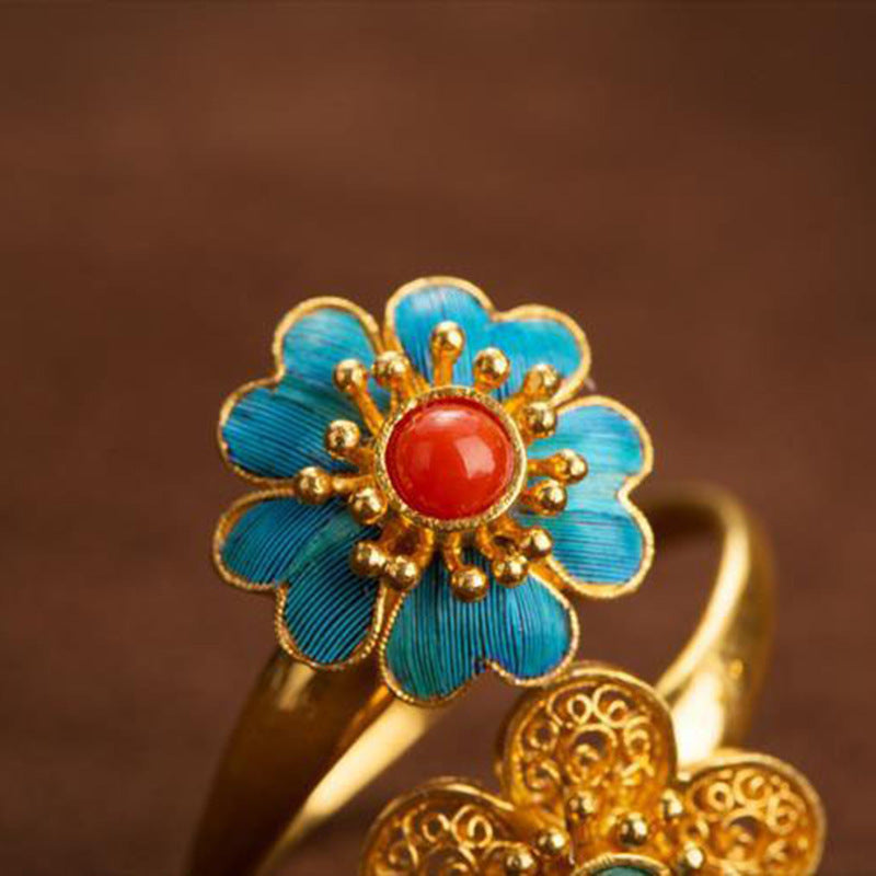 Natural Red Achat Ring Doppelblume Hetian Jade Frauenring Vintage Court Style Style