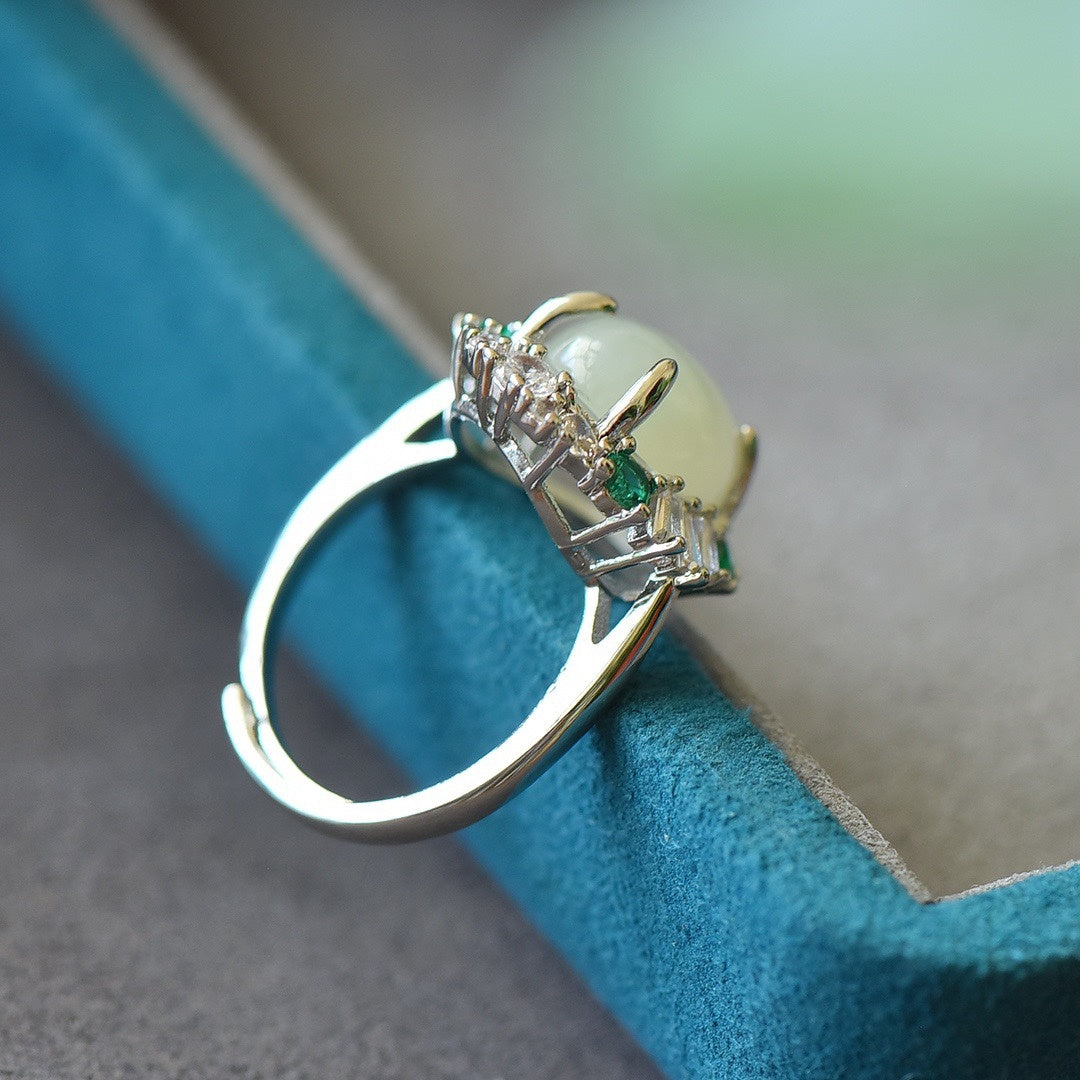 925 Silver White Jade Cabochon Ring Birthday Gift for Wife-5