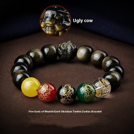 Fünf Götter des Reichtums Lucky Perlen Armband Zodiac Gold Obsidian Handheld Rosenkranz