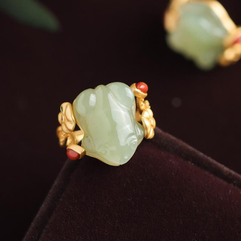 Frosch natürlicher blau und weißer Jade -Frauenring