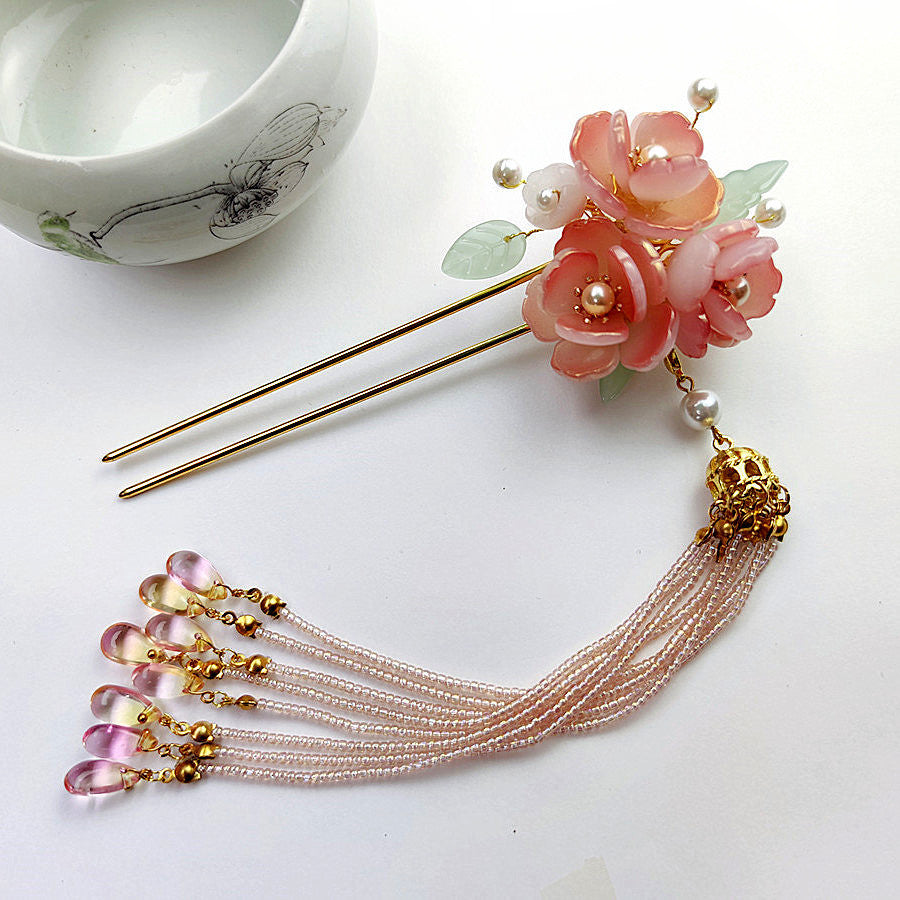 Chinese flower hairpin with plum blossom and tassels