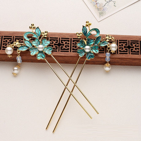 Burning blue Hanfu hairpin with flower design