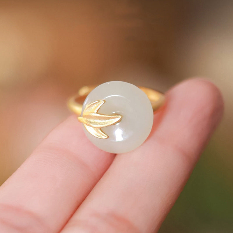 Chinese Style Hetian White Jade Peace Buckle Ring
