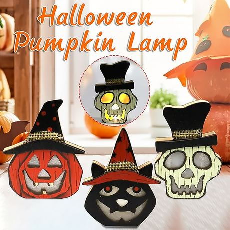 Halloween Wooden Pumpkin Skull and Black Cat Lamp Decorations-video