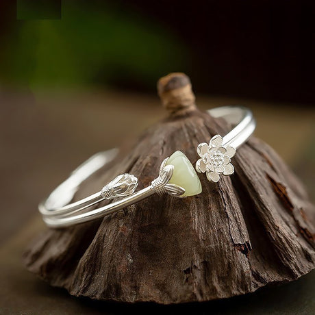 Pure Silver Hetian Jade Lotus Bracelet Adjustable Chinese Jewelry-video