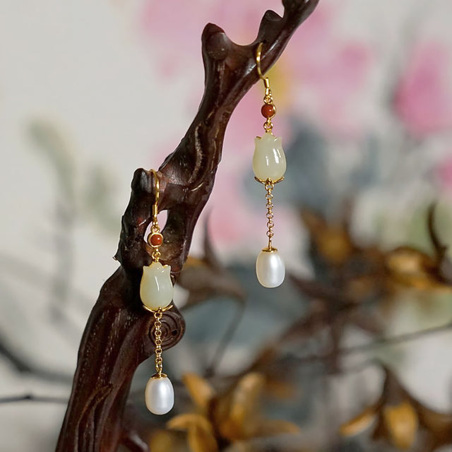 Gold Plated Hetian Jade Long Tassel Earrings Gift for Wife-video