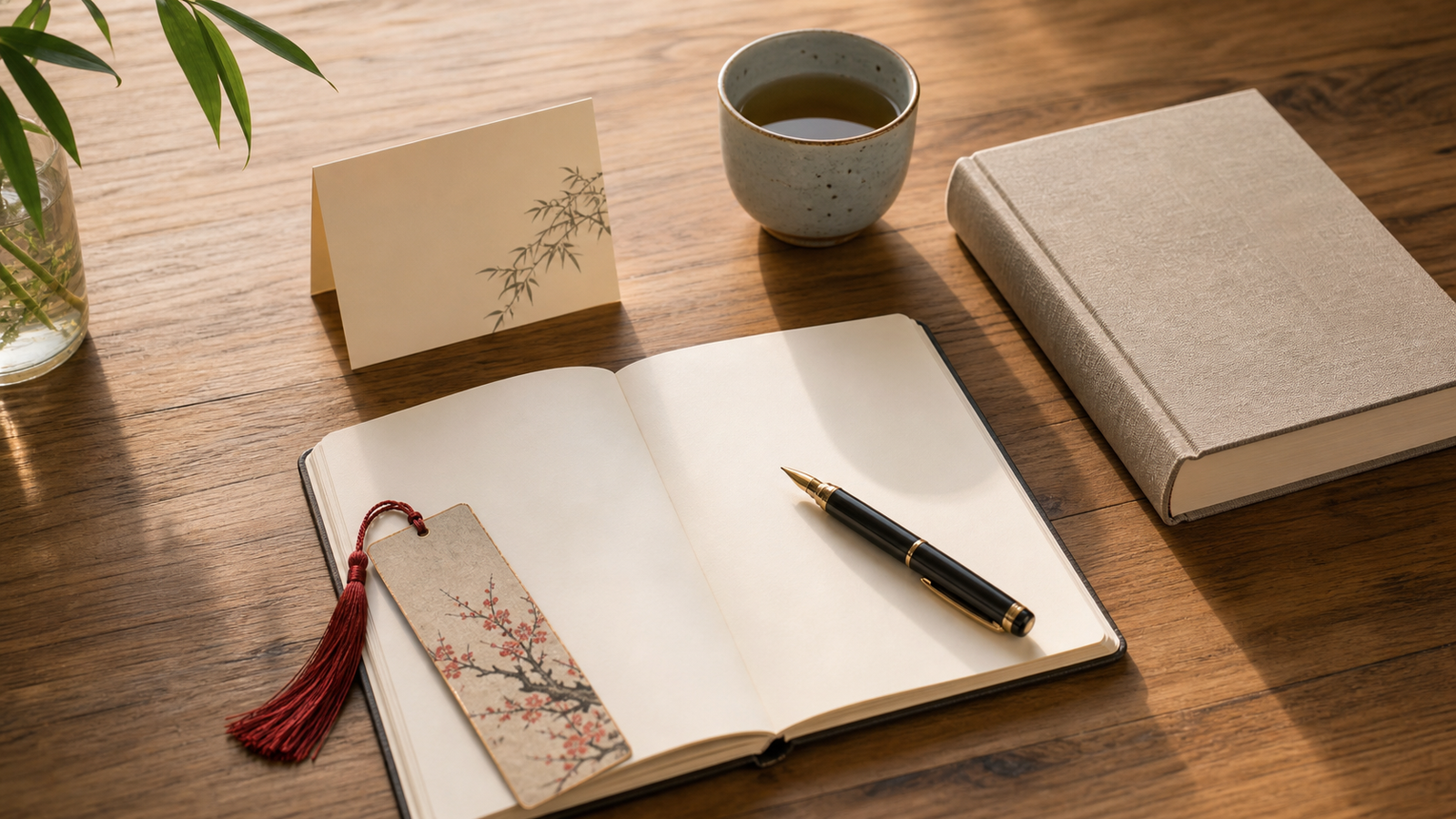 Thoughtful gifts for Chinese language teachers with a notebook, pen, bookmark, card, and tea