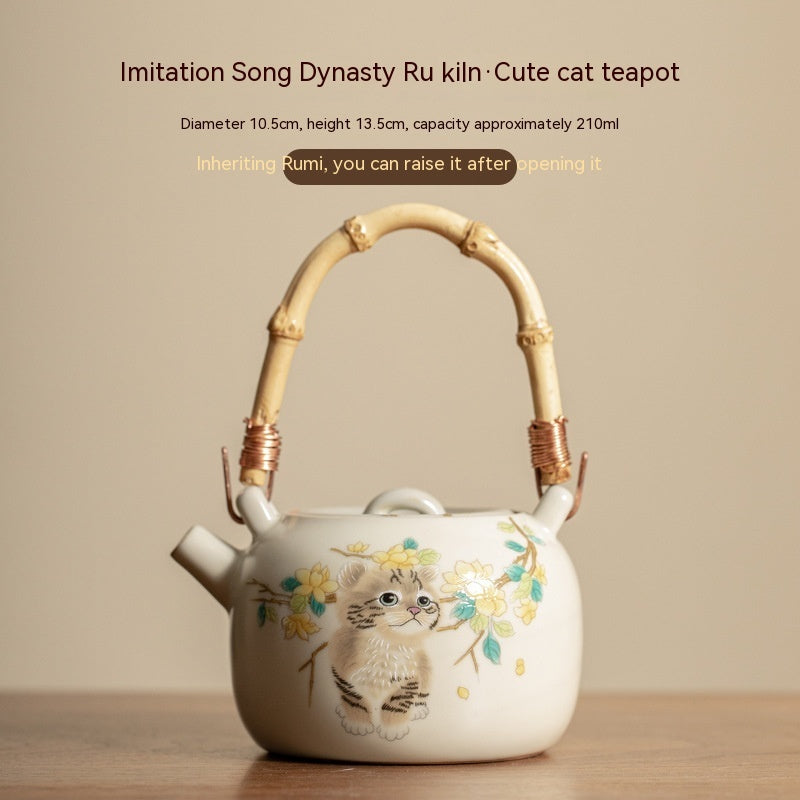 Ru Kiln Ceramic Teapot Cute Cat Bunny Ring Handle Teapot