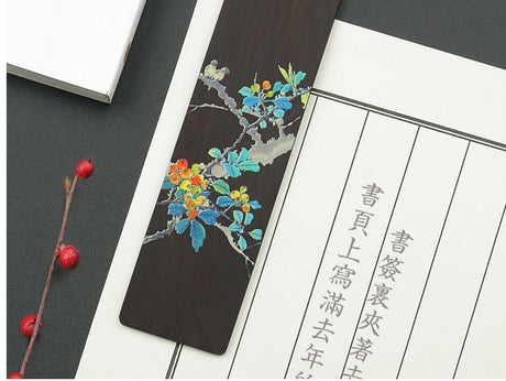 Colorful Chinese Painting Flower Golden Rosewood Bookmarks-6