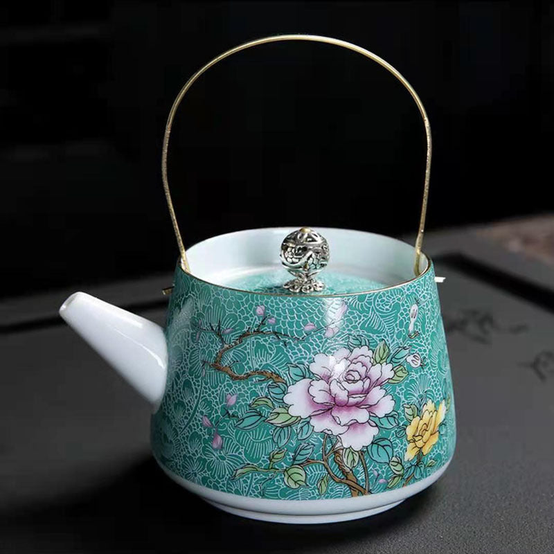 Enamel Painted Teapot Vintage Household Peony Ring Handle Teapot