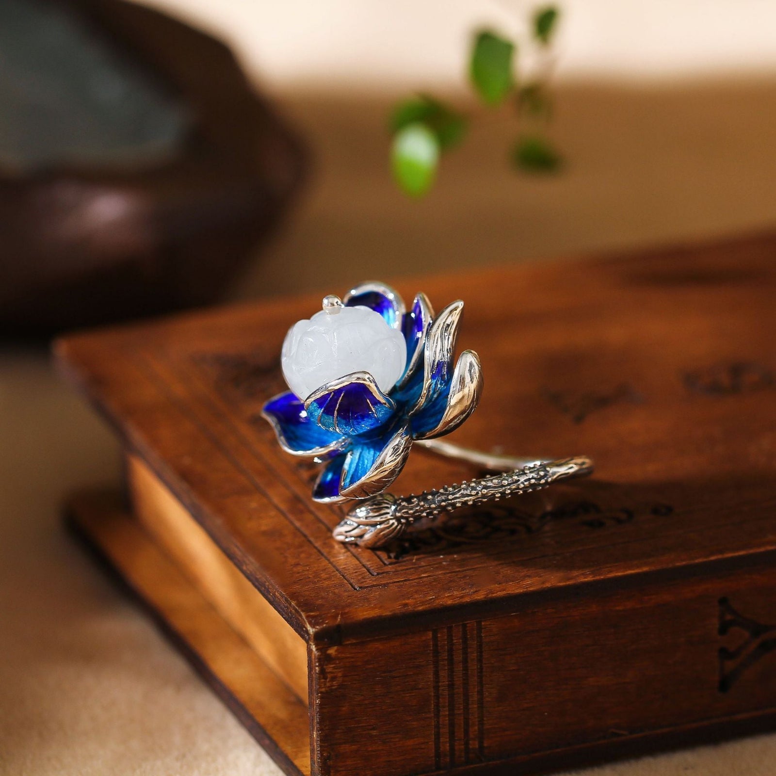 Women's Lotus and Tian Jade Ring Burning Blue Craft 925 Silver Jewelry