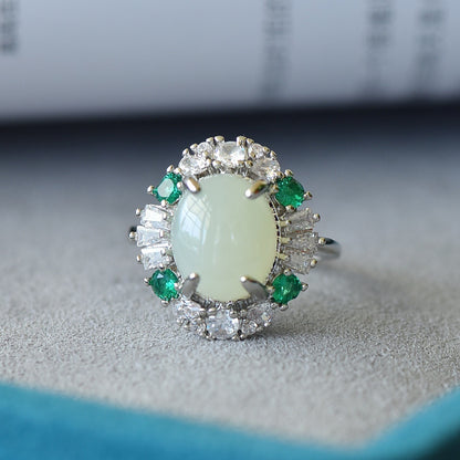 Frauenmode 925 Eingelegtes weißes Jade -Eieroberflächenring