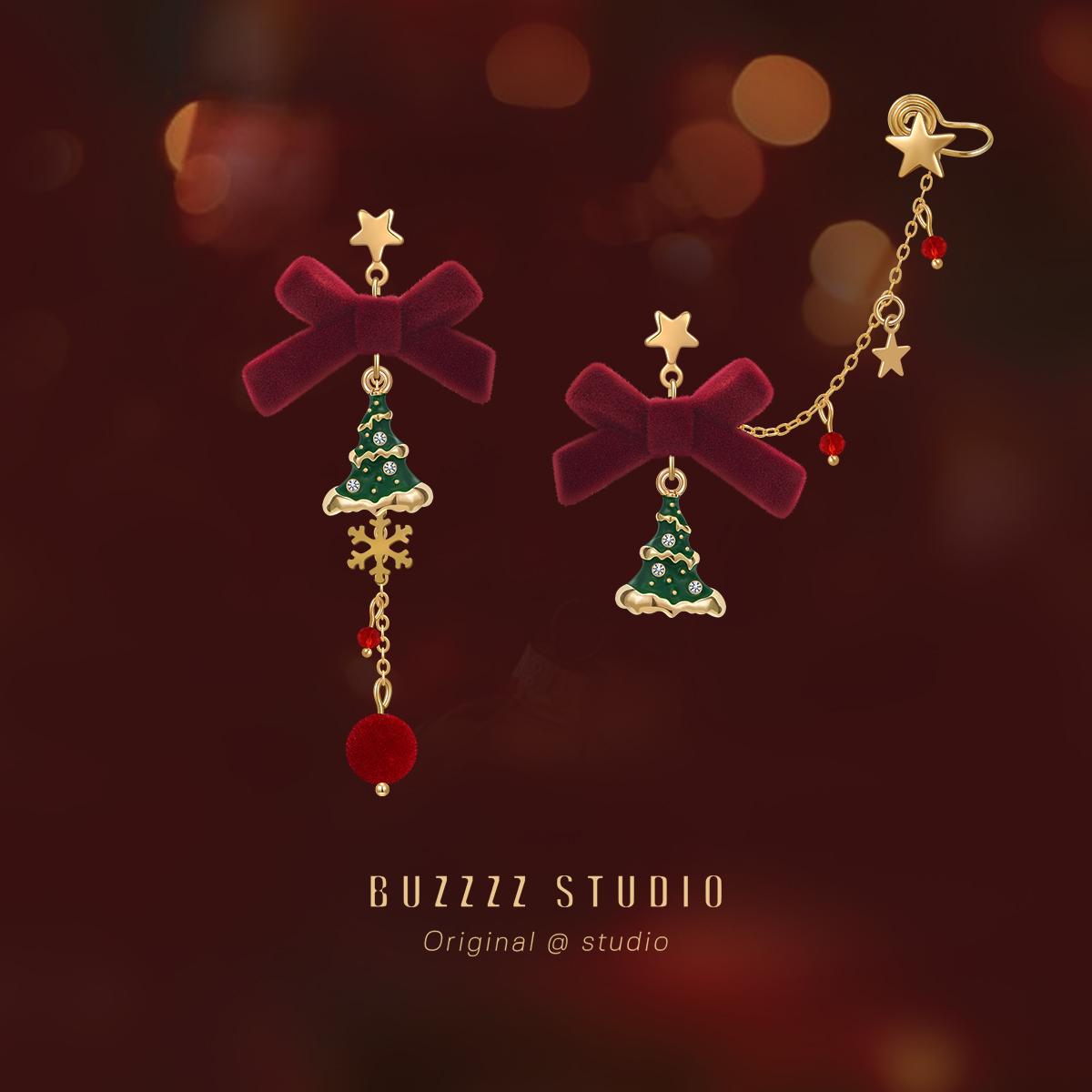 2025 Christmas Bow & Tree Earrings or Ear Clips – Festive Jewelry Gift