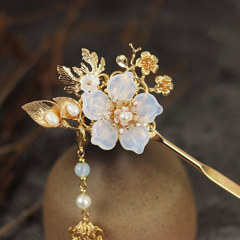 Vintage Gold Plated Sweet Glass Petals Butterfly Shell Hairpin-1