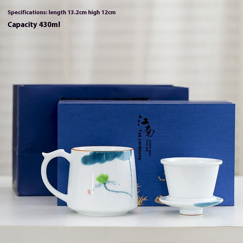 White Porcelain Celadon Household Hand-painted Filtered Tea Cup With Lid