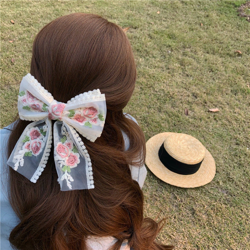 Embroidered Flower Ribbon Big Bow Hairpin