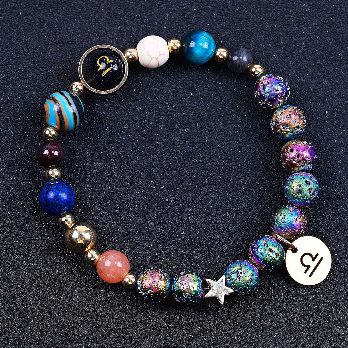 Couple Zodiac Bracelet Blue Sandstone & Lava Rock Beads-8