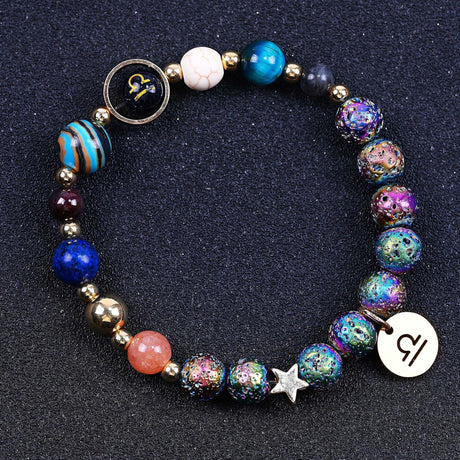 Couple Zodiac Bracelet Blue Sandstone & Lava Rock Beads-8