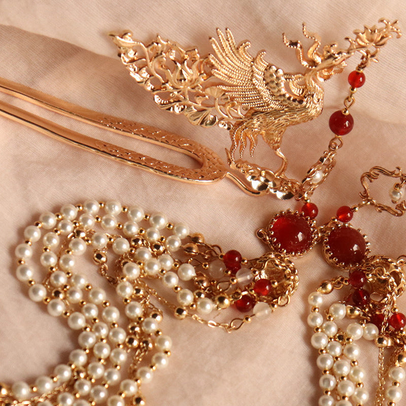 Gorgeous Archaistic Ancient Costume Pearl Tassel Phoenix Hairpin Hairpin Hairpin