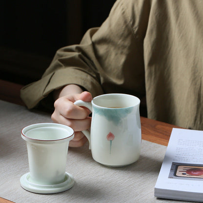 Pale Green Hand-Painted Lotus Teacup with Tea Strainer-4