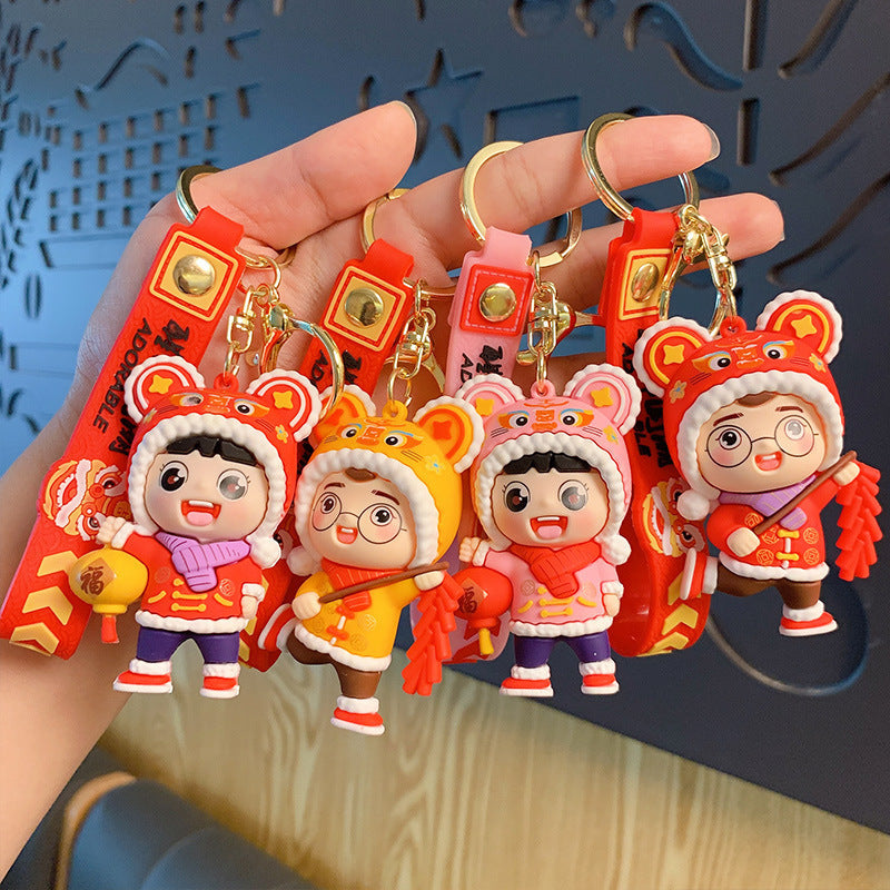 Chinese New Year Lantern Firecracker Cute Tiger Head Doll Keychain-3