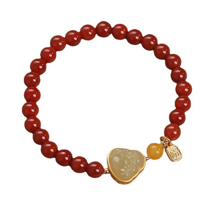 Southern Red Agate Beaded Bracelet Female 14K Gold Inlaid With Jade Buddha