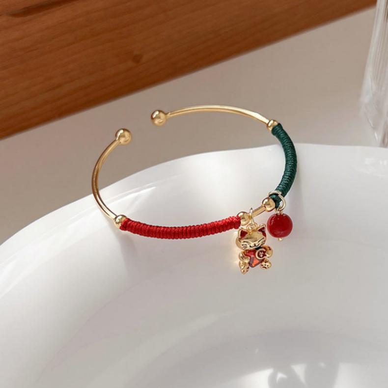 Chinese Style Antique Winding Red String Kitten Pendant Bracelet-2