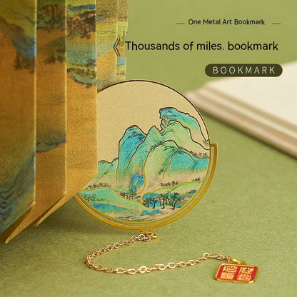 Classical Creative Qianli Jiangshan Special-shaped Metal Bookmark Gift-