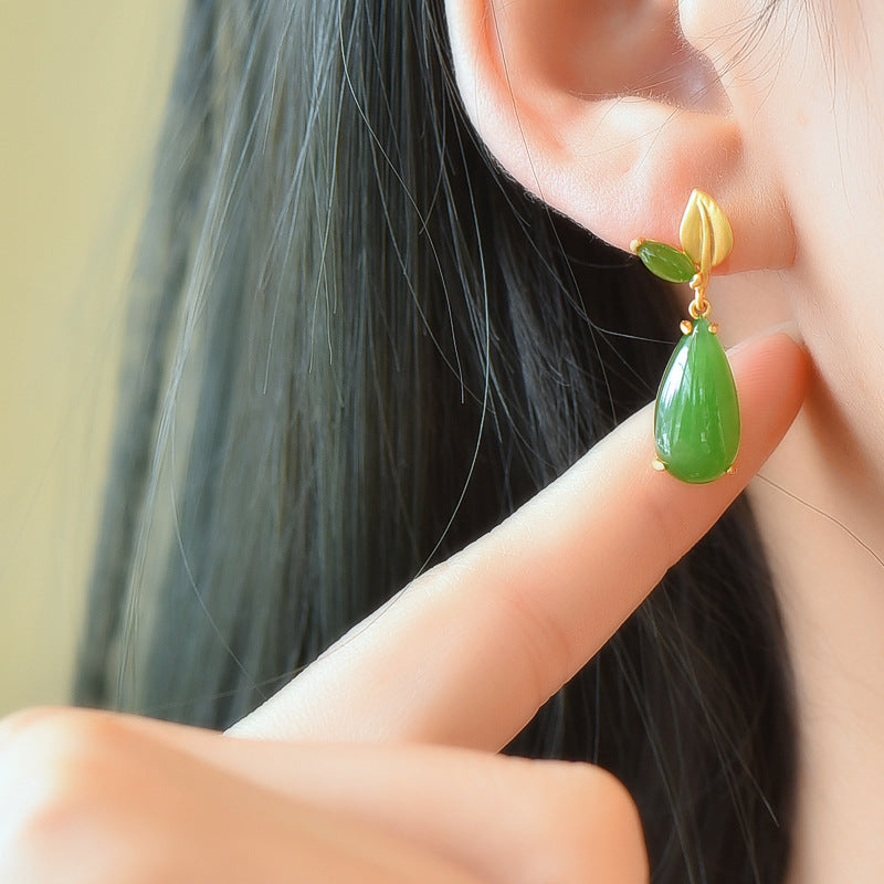 Inlaid Hetian Jade Earrings Leaves Geometric Gold-plated Fashionable Simple Exquisite Jasper All-match Earrings